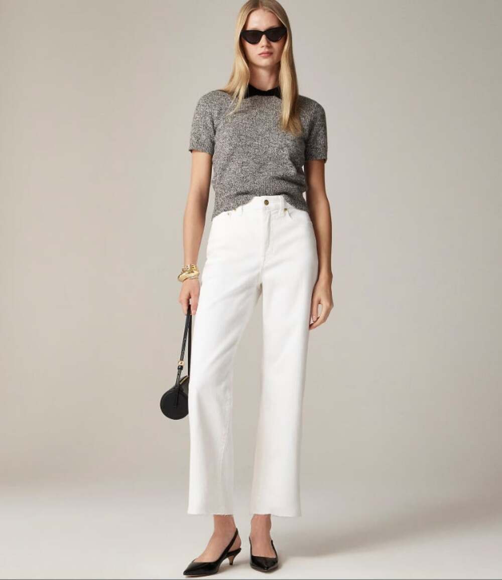 J.Crew Petite Slim-Wide Leg Jeans WMNS 27P White Denim 1996 Semi Stretch Raw Hem